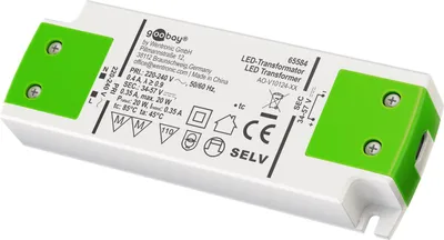 Immagine prodotto di Goobay 65584 Trasformatore di corrente costante per LED 350 mA, 20 W, bianco-verde - per LED con corrente costante di 350 mA fino a 20 W di carico totale nell'intervallo di tensione 34-57 V (CC)