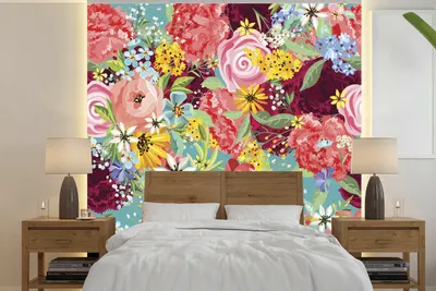 Produktbild von MuchoWow® Fototapete für Wohnzimmer oder Schlafzimmer Wandtapete Vinyl Motivtapete Eine farbenfrohe Illustration mit Blumenmuster - 220x220 cm - Tapeten
