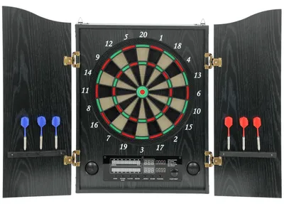 Produktbild von Elektronische Dartscheibe E Dartboard mit Türen Holzoptik LED Anzeige Sprachansagen 6 Dartpfeile, 24 Ersatzspitzen