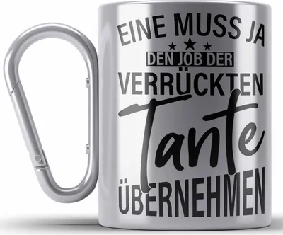 Produktbild von Trendation - Verrückte Tante Edelstahl Tasse Karabiner Geschenk Lustig Geschenkidee Geburtstag Weihnachten Beste Tante Geschenkidee (Silber)