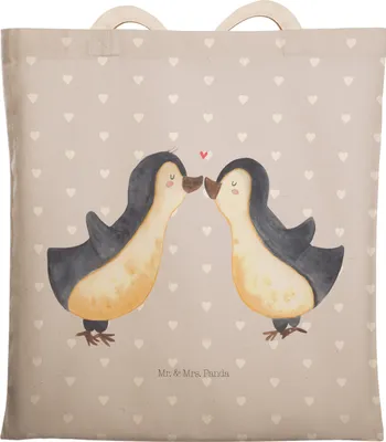 Produktbild von Mr. & Mrs. Panda Einkaufstasche Pinguin Liebe - Grau Pastell - Geschenk, Tote Bag, Hochzeitstag, Stoffbeutel, Beutel, Pinguine, shopping, Vertraut, Liebesbeweis, Freundin