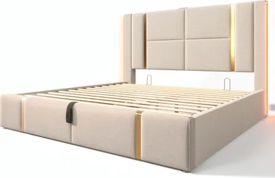 Produktbild von Polsterbett 180x200cm Doppelbett (Ohne Matratze) Stauraumbett Mit USB Type C Ladefunktion und APP-Control LED Lattenrost aus Holz Beige Leinen