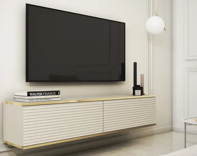 Obrázok produktu pre Bettso TV skrinka na stenu TV skrinka TV komoda TV skrinka s 2 dvierkami Moderná TV skrinka do obývačky ORO 135 cm Lamelové fronty Béžová