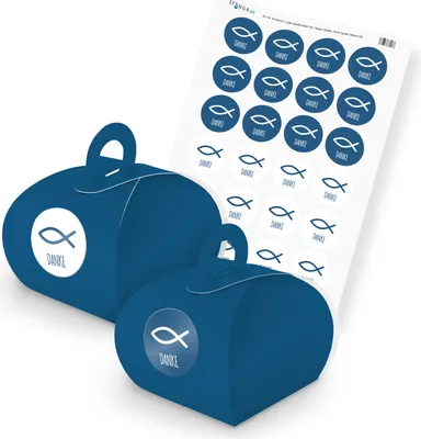 Produktbild von itenga SET Fisch DANKE (Motiv 33) 24x Geschenkschachtel mit Griff dunkelblau + S