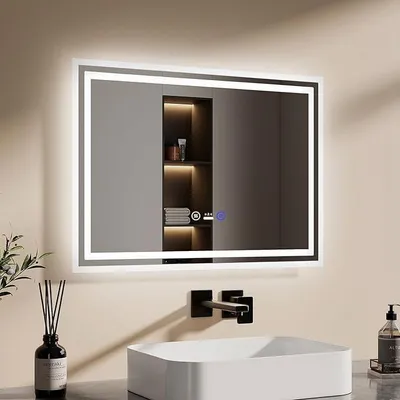 Productafbeelding van Spiegel met sensor en verlichting, 70x50 cm. LED-badspiegel met bewegingssensor, touchbediening, anti-condensfunctie, 3 dimbare lichtkleuren, automatische uitschakeling na 1 uur, IP44, energiezuinig. Badkamerspiegel