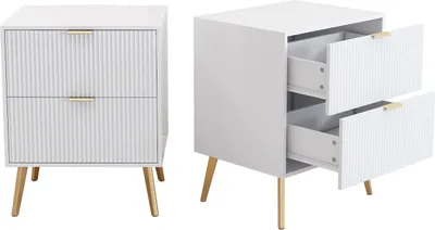 Two views of a white nightstand with gold accents.