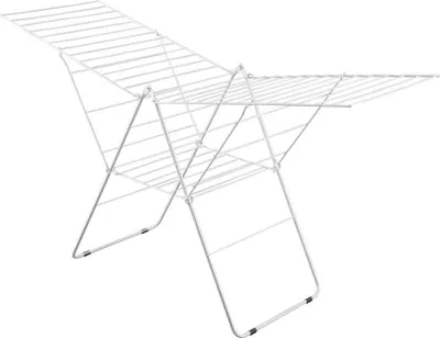 A white metal drying rack is shown against a white background.
