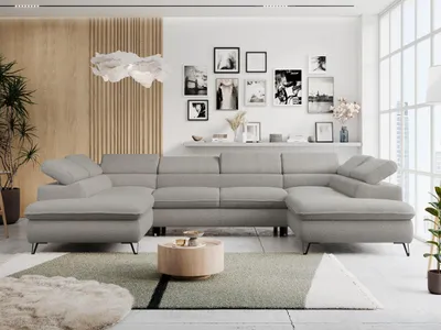 Produktbild von Ecksofa mit  Schlaffunktion, Bettkasten, U-form, einstellbare Kopfstützen, Wohnzimmersofa - PETER U - Boucle - Hellgrau