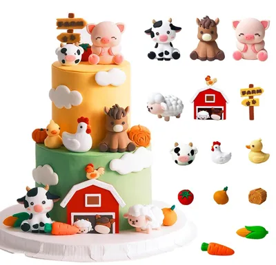 Image de Ensemble de 15 décorations pour gâteaux sur le thème des animaux de la ferme, idéal pour les anniversaires