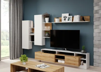 Produktbild von Wohnwand ALVA 260 cm Schrankwand Wohnzimmer-Set Eiche Grandson/ Weiß