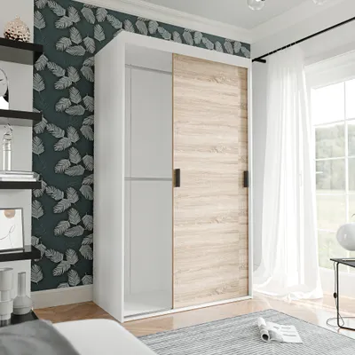Produktbild von IDOHOME-Zweitüriger Schiebetürenschrank Kleiderschrank PEDRI 120 cm mit Regalen und Kleiderstangen Schrank Garderobe Weiß Sonoma schwarze Griffe
