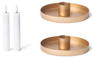 Produktbild von Novaliv 2x Kerzenständer Stabkerzen rund Metall Durchmesser 6cm GOLD mit LED-Stabkerze flammenlose Tafelkerze Kerzenhalter candle holder Kerzenpick Adventskranz scandic chic Kerzenteller Dekoschale