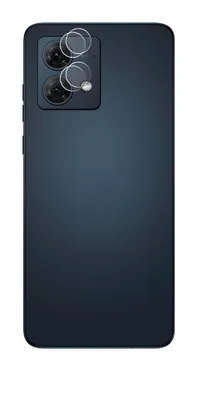 A dark blue smartphone with a camera lens protector on the back, isolated on a white background.