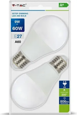 Immagine prodotto di V-TAC Lampadina LED 9W E27 A60 3xKlik dimmerabile VT-2129 neutra 806lm 2pcs