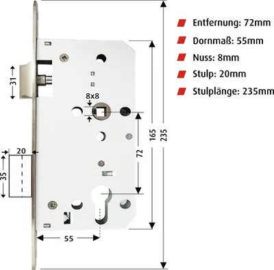 Produktbild von FELGNER Einsteckschloss 304 (Lochung: Profilzylinder) Lochung: Profilzylinder