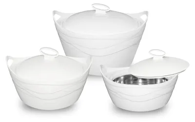 Produktbild von SMAK Thermoschüssel-Set mit Edelstahleinsatz, 3 Warmhalteschüsseln mit Deckeln, 2,5 / 3,5 / 5 L, Weiß