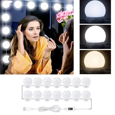 Produktbild von Spiegelleuchte, 14er Hollywood LED Spiegelleuchte mit Sensorschalter, 3 Farbe, Dimmbar Kosmetikspiegel, DIY Biegbar LED-Streifen, USB-Kabel