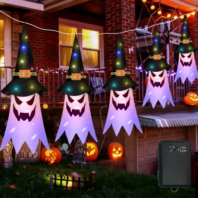 5er-Set Halloween-Geister mit Hexenhut und Lichterkette