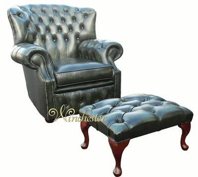 Obrázek produktu pro Chesterfield křídlové křeslo 1 místné + taburet designová kožená pohovka gauče  zelené
