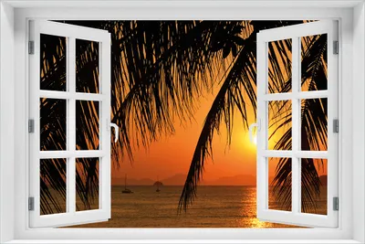 Produktbild von Wallario Poster mit Fenster-Illusion: Sonnenuntergang unter Palmenblättern, Größe: 61 x 91,5 cm (Maxiposter)