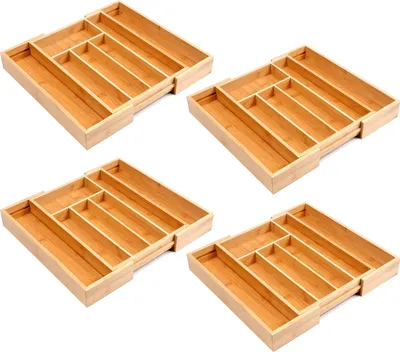 Produktbild von 4er Set Bambus Besteckeinsatz Schublade Besteckkasten Schubladeneinsatz Ausziehbar 25,5 – 39,5 x 35,5 x 5 cm Besteck Organizer Utensilienhalter