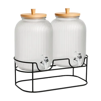 Zdjęcie produktu dla SuperButelki - 2x Słój szklany 5L na metalowym stojaku ryflowany z kranikiem na lemoniadę, wodę, sok z drewnianą pokrywką, 5000 ml
