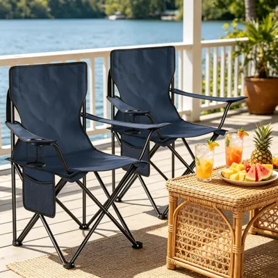Image de Chaise de pêche pliable, chaise de camping confortable, chaise de plage avec porte-tasse (lot de 2 chaises d'extérieur)