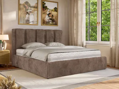 Immagine prodotto di Letto imbottito SAVINO CLASSIC di MKS MEBLE con contenitore e vano portaoggetti, letto matrimoniale 180 x 200 cm, molle a gas, rete a doghe inclusa, letto matrimoniale moderno - velluto a coste marrone