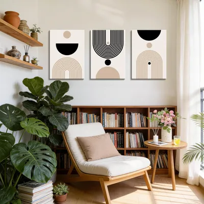Productafbeelding van Canvasfotoset met lijst, abstracte geometrische wanddecoratie, beige en zwart, voor woonkamer