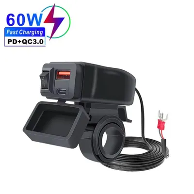 Produktbild von PD QC3.0 USB-Schnellladegerät für Motorräder, 60 W, Doppel-USB-Anschluss für den Lenker mit Schalter, Voltmeter, wasserdicht, 12-V-Netzteil