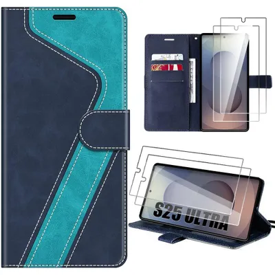 Image de Coque + 2 Verres Trempés pour Samsung Galaxy S25 Ultra, Anti-Rayures Antichoc Cuir Synthétique Bleu