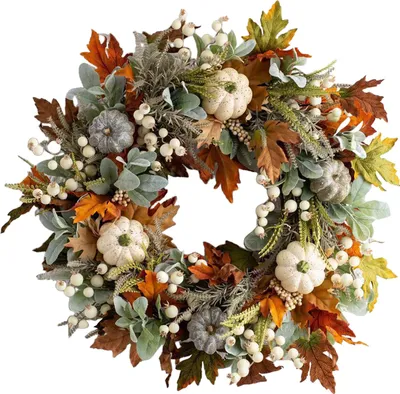 Produktbild von Herbstlicher Kürbiskranz für die Haustür, rustikale Herbsternte-Girlande mit Ahornblättern, Beeren, Halloween-Ernte-Dekoration für die Bauernhaus-Dekoration