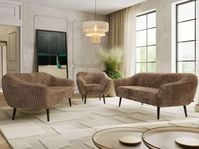 Produktbild von MKS MEBLE Couchgarnitur PIRS 3-3-1, Set mit Armlehnen, Wellenfederung, schwarze Füße, Dreisitzer Sofas mit Sessel, Sitzgruppe Wohnzimmer - Braun Cord
