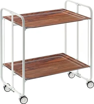 A white metal serving cart with two wooden-effect trays and wheels, shown against a white background.