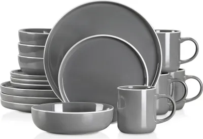 Zdjęcie produktu dla Zestaw naczyń z szarej kamionki, zawiera talerze, miski, kubki, szary 16 szt