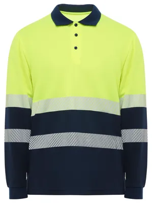Imagen del producto de Roly Workwear - Camiseta polo "Vega" para hombre, manga larga, modelo LT4353 (Talla XL) (Azul marino oscuro/Amarillo fluorescente)