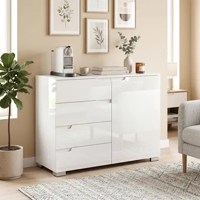 Produktbild von SUGIFT Hochglanz MDF, Kommode Sideboard mit 4 Schubladen und Tür, verstellbarer Einlegeboden, Weiß  |  19 kg  |  100 x 40 x 80 cm