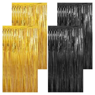 Lametta-Vorhänge, schwarz-gold, 4 Stück, 1 x 2 m