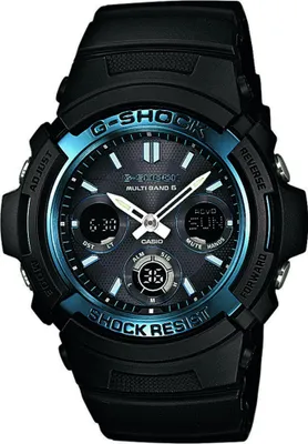 A close-up studio shot of a black Casio G-Shock watch with blue accents.