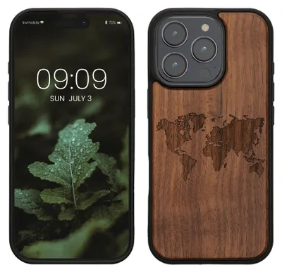 Produktbild von kwmobile Handyhülle für Apple iPhone 16 Pro Hülle Holz - Case mit TPU Bumper - Stoßfestes Hardcase - Schutzhülle Cover in Dunkelbraun