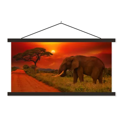 Produktbild von MuchoWow® Textilposter Elefant - Sonnenuntergang - Orange - Savanne - Tiere 150x75 cm mit schwarzem Rahmen - Posterleiste