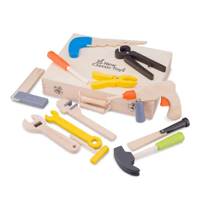 Produktbild von Werkzeugkasten mit Werkzeug aus Holz groß 12 Teile für Kinder