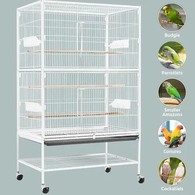 Produktbild von Vogelkäfig auf Rollen für Sittiche & Papageien - XXXL Voliere - 1,5 cm Gitterabstand - Kotwanne - Futternäpfe & Sitzstangen - 4 Rollen (2 mit Bremse) - Weiß