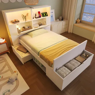 Image de Lit en bois 90 x 200 cm, blanc, lit simple avec éclairage LED, port USB, tiroirs, banquette et sommier à lattes, lit avec rangement pour chambre d'adolescent, matelas non compris