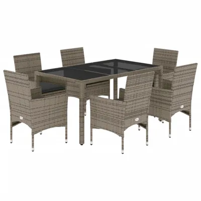 Produktbild von vidaXL 7-tlg. Garten-Essgruppe mit Kissen Grau Poly Rattan und Glas