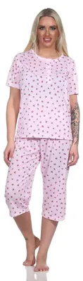 Produktbild von Damen Pyjama 3/4 Hose & Shirt mit Blumenmuster; Rosa/L/40