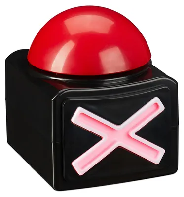 Image de Buzzer Relaxdays avec son et lumière, accessoire de fête pour les soirées jeux, fonctionnant à piles, buzzer de quiz en plastique, rouge/noir