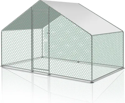 A 3D rendering of a large chicken coop with a white roof and green mesh sides, set against a white background.