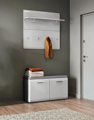 Produktbild von Garderoben-Set 2-teilig mit Schuhbank weiß Hochglanz MALABO-129
