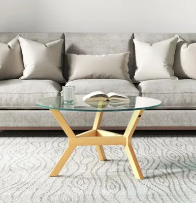 Produktbild von Runder Beistelltisch, Couchtisch aus Glas mit verstellbaren Fußpolstern und Stahlrahmen, für Wohnzimmer, Schlafzimmer